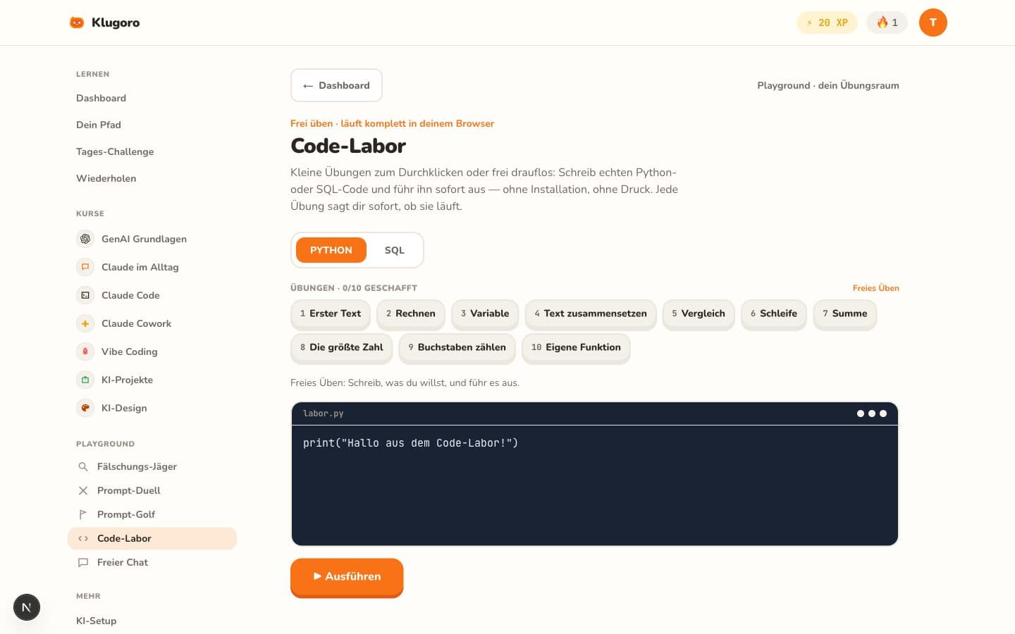 Klugoro-Code-Konsole: echtes Python-Programm mit Output und XP-Belohnung